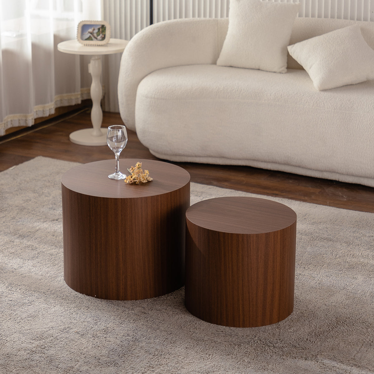 Round Wooden Coffee Table, Accent End Side Table Set Of 2 by CABINSGATE SMART FURNITURE