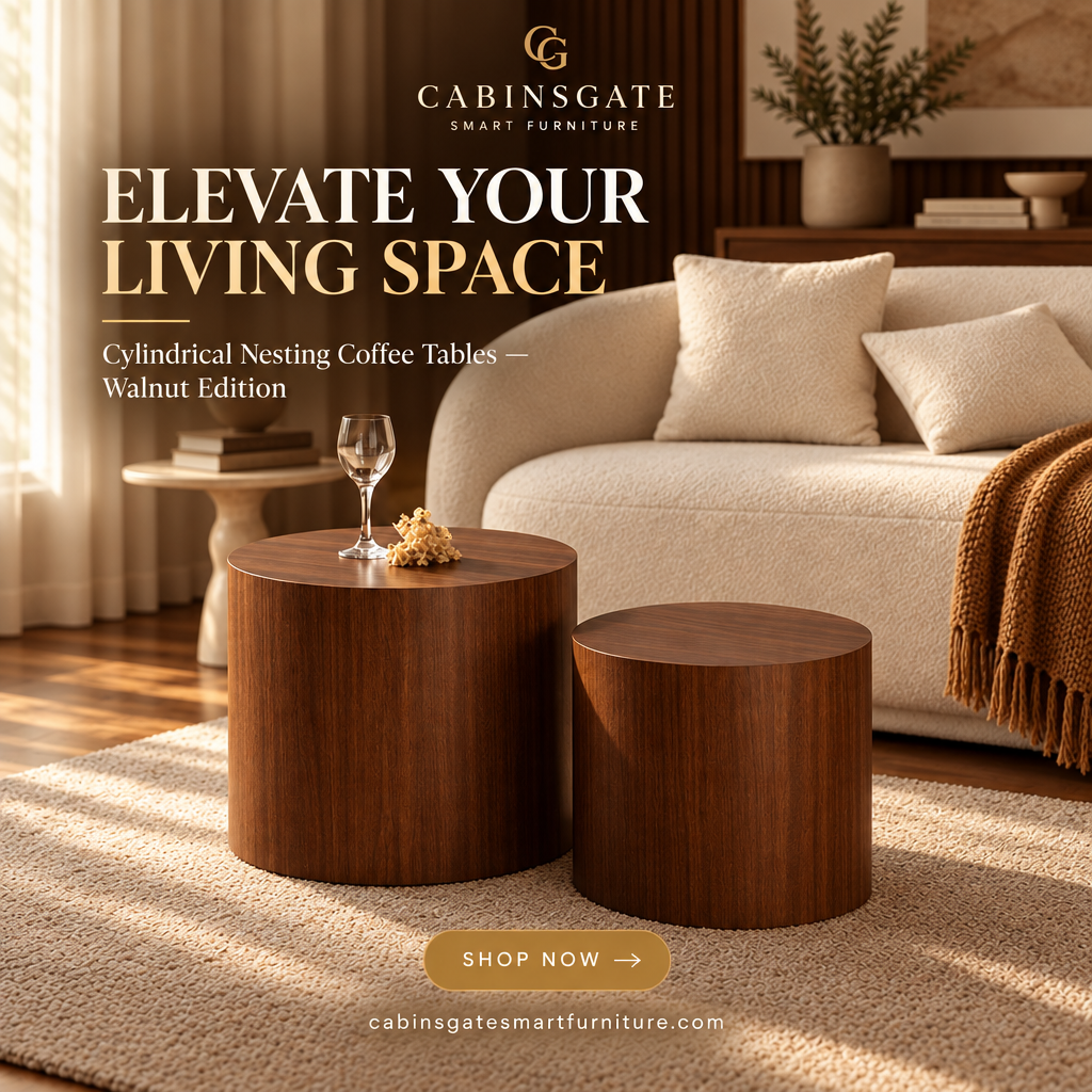 Round Wooden Coffee Table, Accent End Side Table Set Of 2 by CABINSGATE SMART FURNITURE