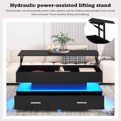 Hydraulic Lift Top Coffee Table, LED Coffee Tables With Storage For Living Room, Coffee Table With 2 Drawers & LED Light For Dining Reception Room, Black