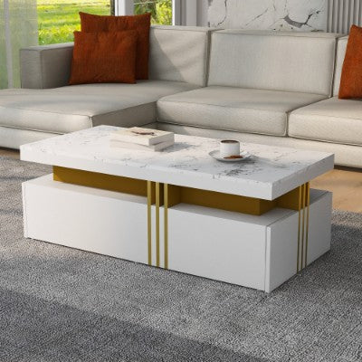 Modern White Rectangular Coffee Table With Marble Pattern Triamine Board Top And 2 Wooden Drawers, Living Room Table, 100x50x40cm by CABINSGATE SMART FURNITURE