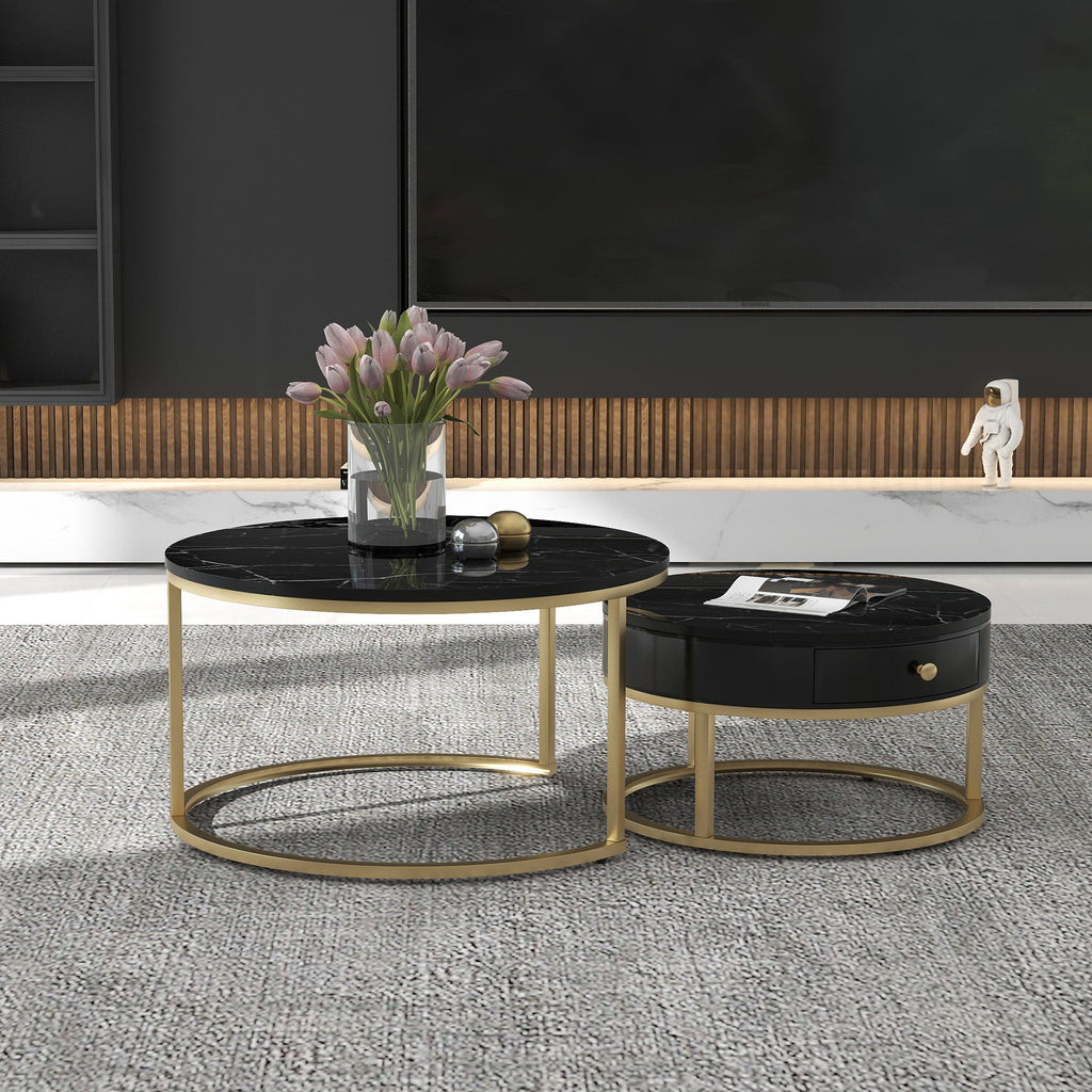 Round Coffee Tables With Drawer, Removable Set Of 2 End Table, Nesting Tables With Storage Gold Metal Frame Legs And Marble Pattern by CABINSGATE SMART FURNITURE