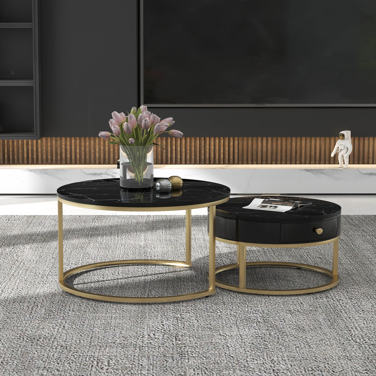 Round Coffee Tables With Drawer, Removable Set Of 2 End Table, Nesting Tables With Storage Gold Metal Frame Legs And Marble Pattern by CABINSGATE SMART FURNITURE