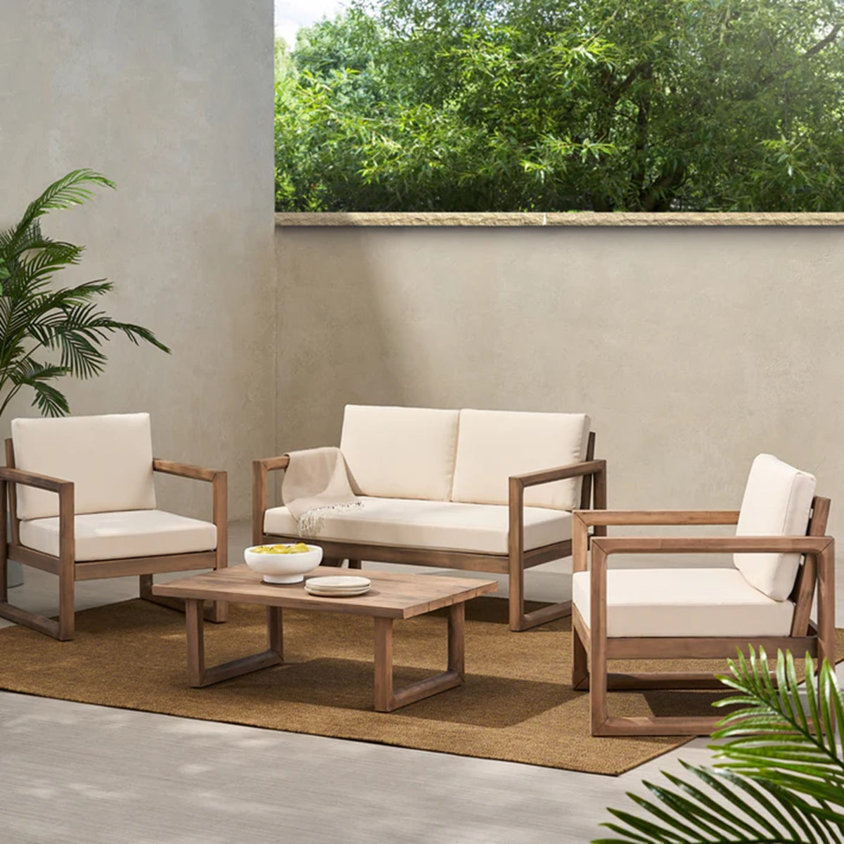 4-Pieces Acacia Wood Patio Furniture Set, Outdoor Furniture With Coffee Table, Patio Conversation Set Deep Seating With Soft Cushion, Porch Chairs For Porch Balcony, Brown Wash, Beige by CABINSGATE SMART FURNITURE