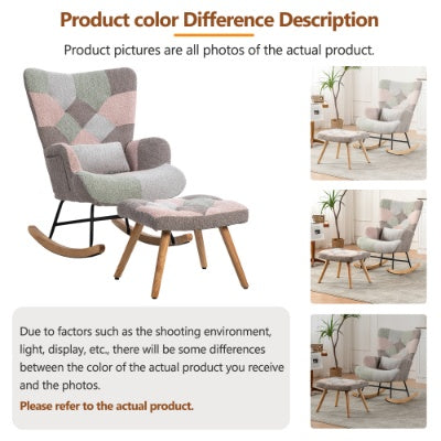 Rocking Chair, Fabric Relaxing Chair Wingback Accent Chair With Solid Wood Legs, Accent Armchair With Ottoman Single Sofa, Chair With Footstool And Pillow For Home Living Room Bedroom, Multicolour by CABINSGATE SMART FURNITURE
