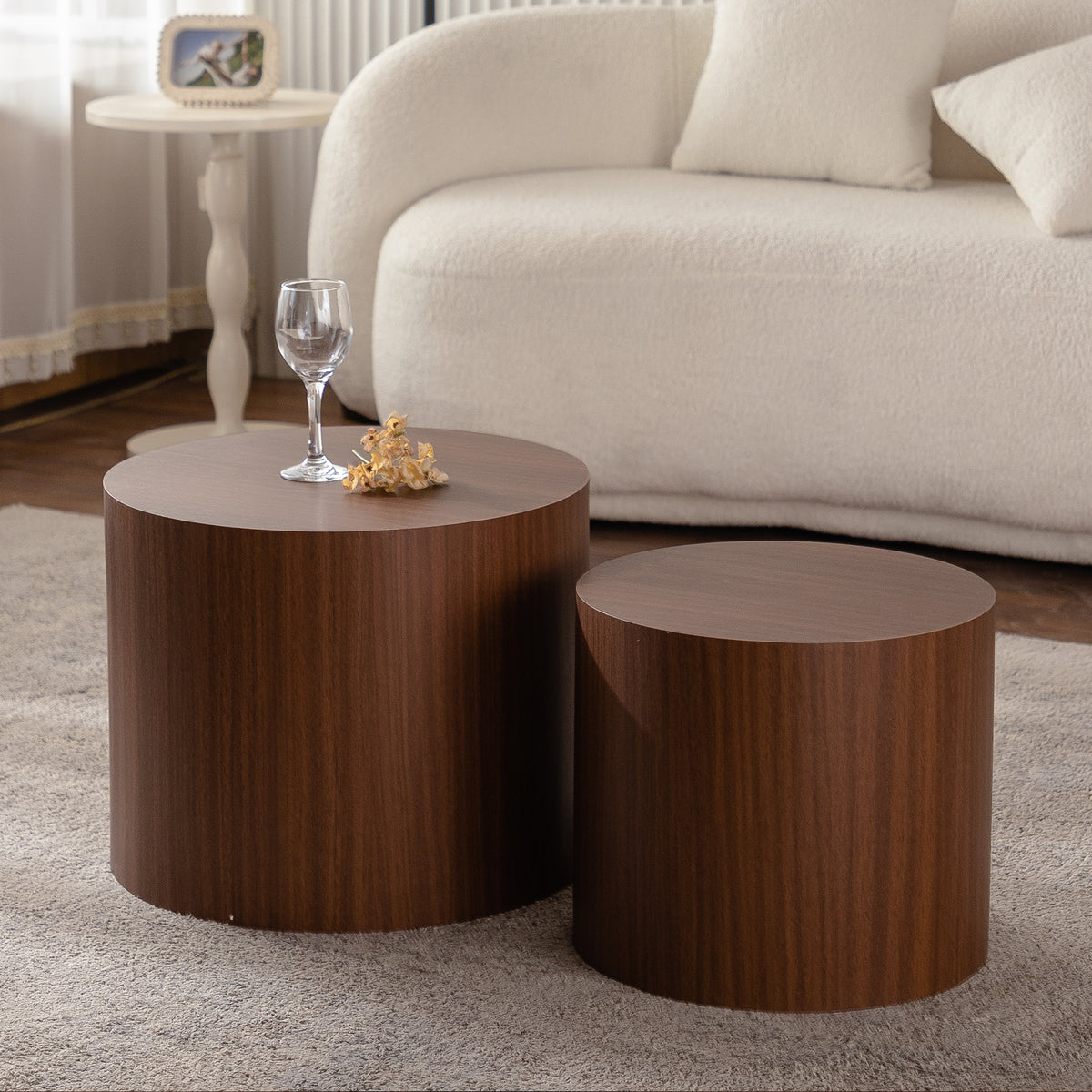 Round Wooden Coffee Table, Accent End Side Table Set Of 2 by CABINSGATE SMART FURNITURE