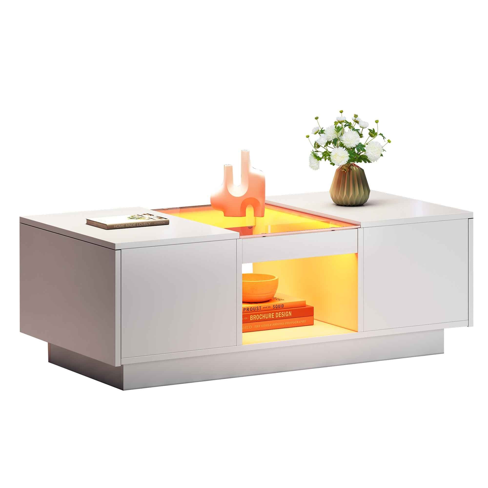 LED Coffee Table For Living Room, Modern Coffee Table With Storage With LED Lights, 2 Tiers And 2 Drawers, Large Living Room Center Tables White