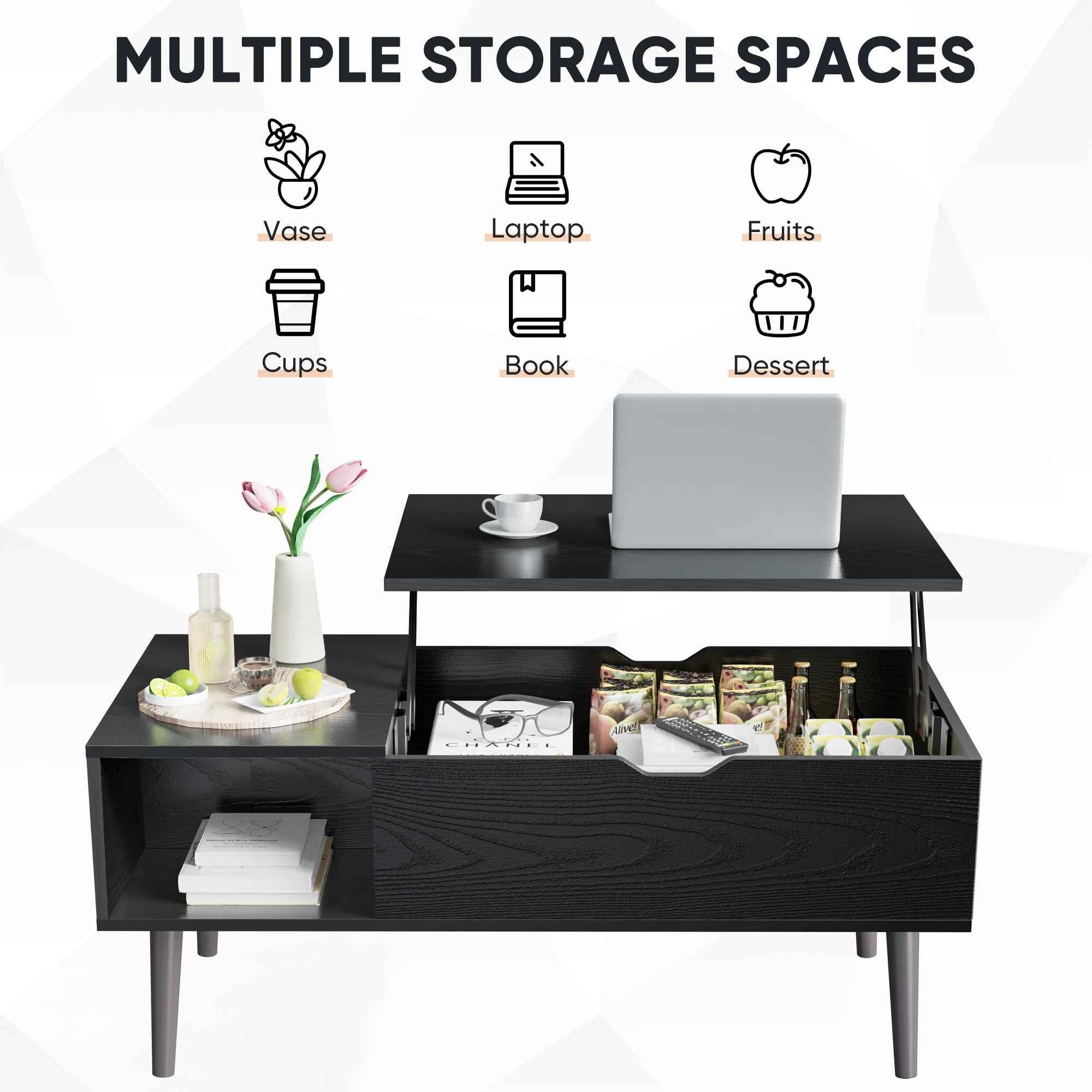 Lift Tabletop Coffee Tables For Living Room With Storage Shelf And Hidden Compartment