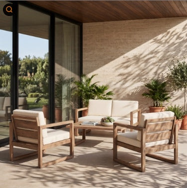 4-Pieces Acacia Wood Patio Furniture Set, Outdoor Furniture With Coffee Table, Patio Conversation Set Deep Seating With Soft Cushion, Porch Chairs For Porch Balcony, Brown Wash, Beige by CABINSGATE SMART FURNITURE